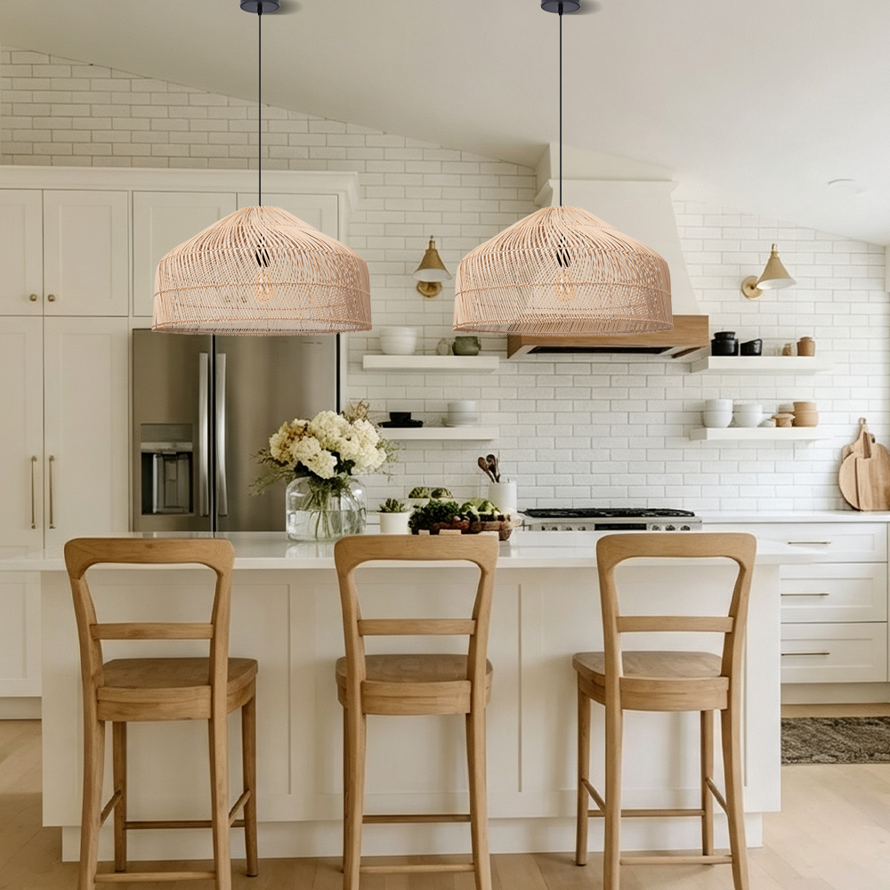 Hand-Woven Pendant Light Fixture Farmhouse Basket Hanging Lamp Chandelier for Kitchen