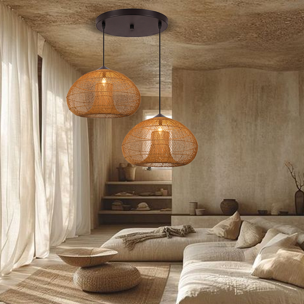 Wabi Sabi Style Retro Dining Room Chandelier Rattan Zen Pendant Light