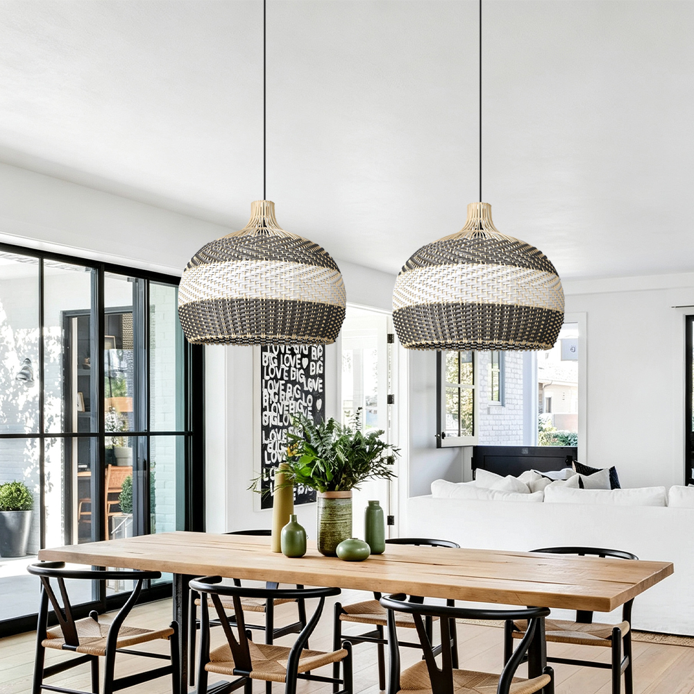Coastal Farmhouse Dome Rattan Pendant Light Boho Basket Weaving Lighting Fixture for Dining Room