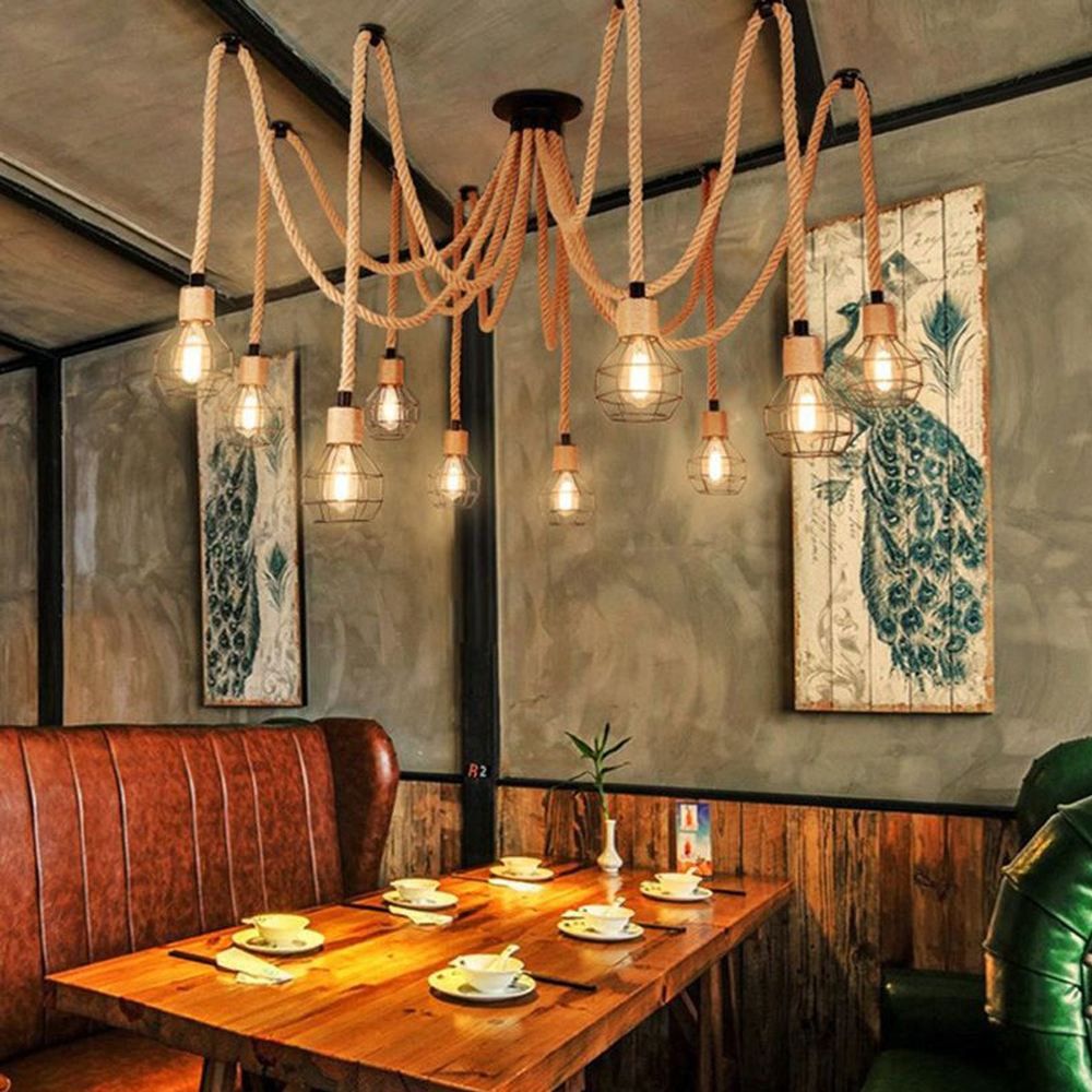 Spherical Cage Rope 6-Lights Brown Pendant Lighting Fixture
