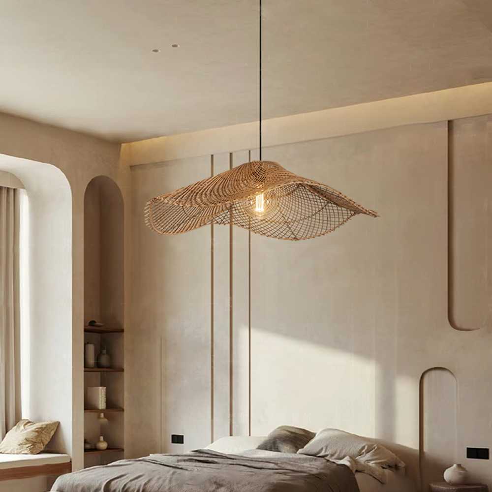 Handwoven Straw Hat Restaurant Pendant Light Wabi-sabi Style Rattan Chandelier