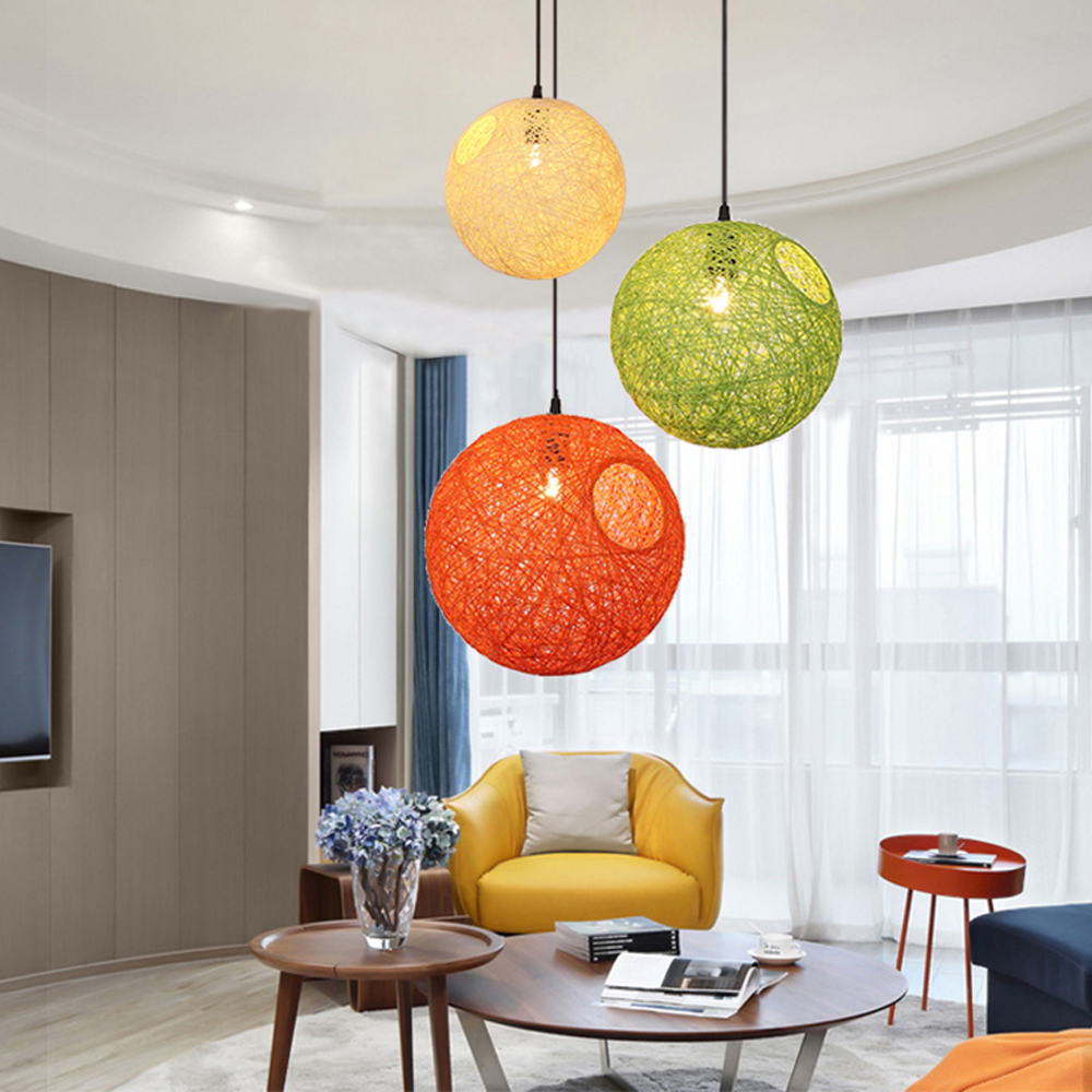 Modern Minimalist Restaurant Decor Rattan Pendant Light Hemp Rope Sphere Lighting