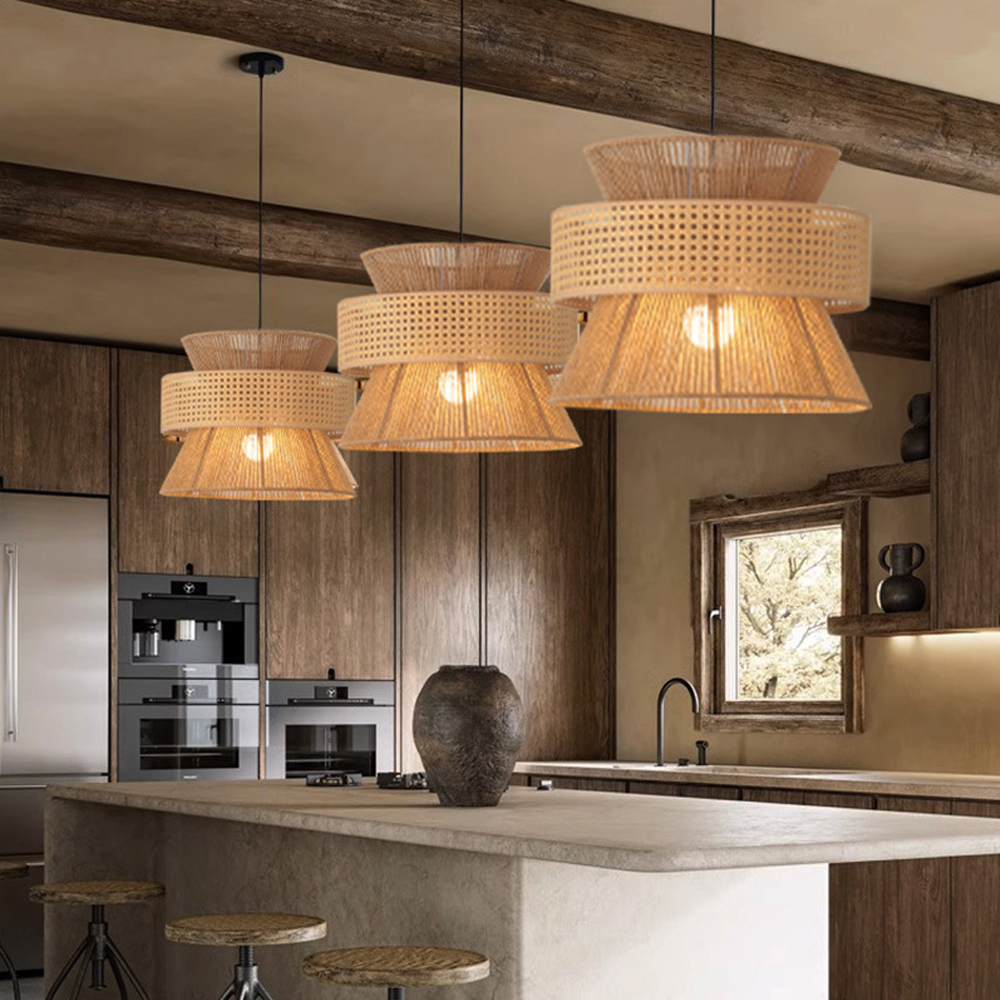 Mid-century Wabi Sabi Hemp Rope Pendants Rattan Hanging Light For Kitchen Island Dining Room