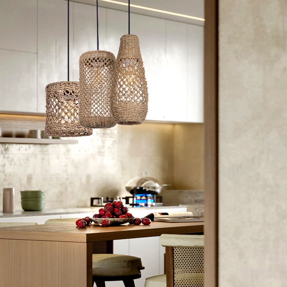Retro Wicker Rattan Pendant Light Shade Restaurant Loft Style Grass Rattan Lamp
