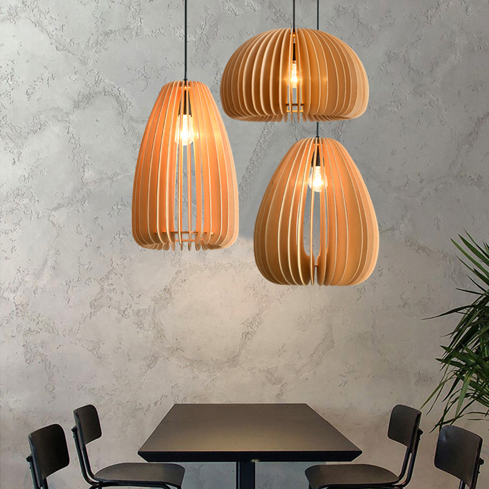 Japanese Retro Pumpkin Lantern Living Room Chandelier Wooden Pendant Lamp