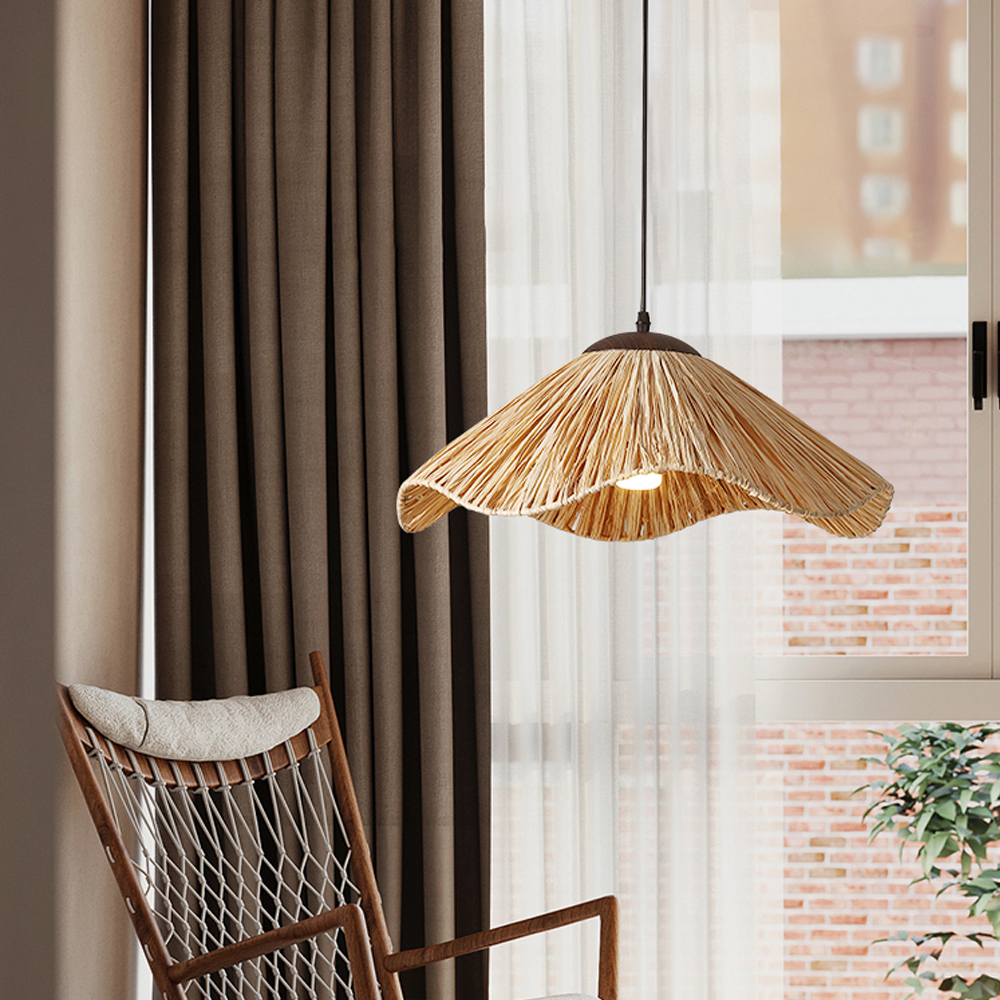 Japanese Creative Straw Hat B&B Woven Rattan Pendant Light Wabi-sabi style Hemp Rope Lamp Shade