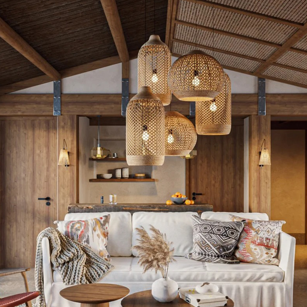Wabi-sabi Style Living Room Rattan Chandelier Homestay Duplex Staircase Decor Hanging Lamp