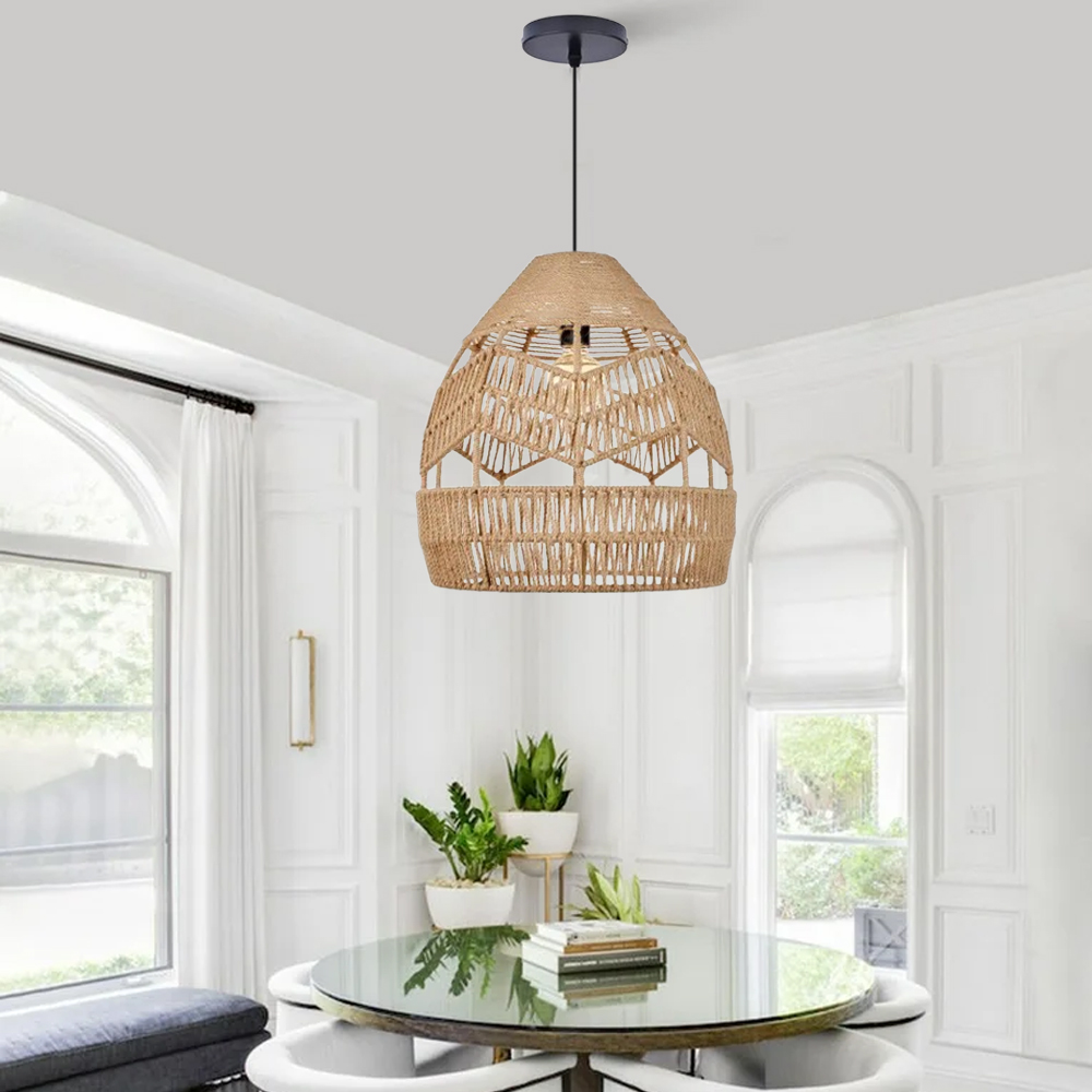 Boho Kitchen Island Black Pendant Light Handwoven Rope Hanging Lamp Shade