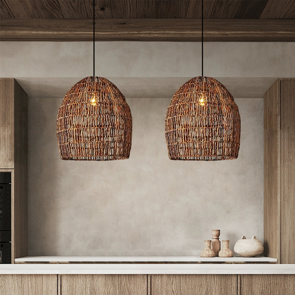 Japanese Rattan Pendant Light Kitchen Island Living Room Woven Chandelier
