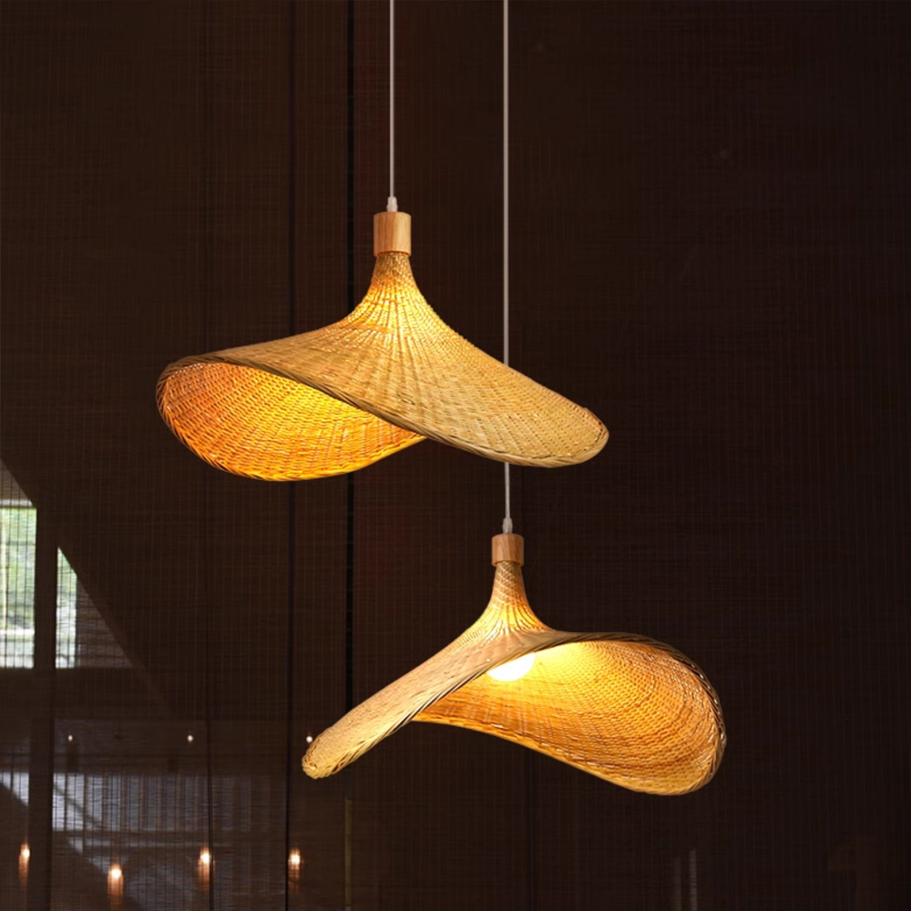 Coastal Living Room Bamboo Woven Pendant Light Japanese Homestay Straw Hat Lamp