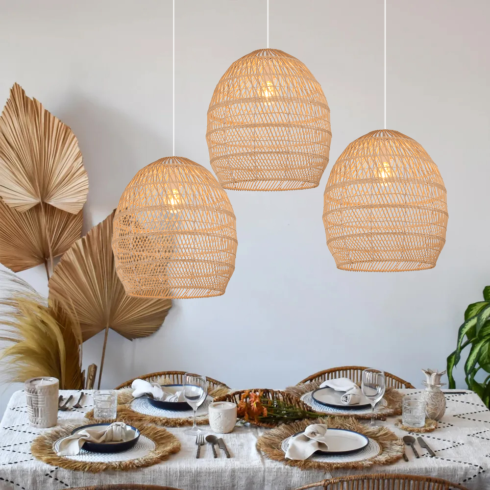 Boho Woven Rattan Chandelier Nordic Dining Room Basket Lamp Shade