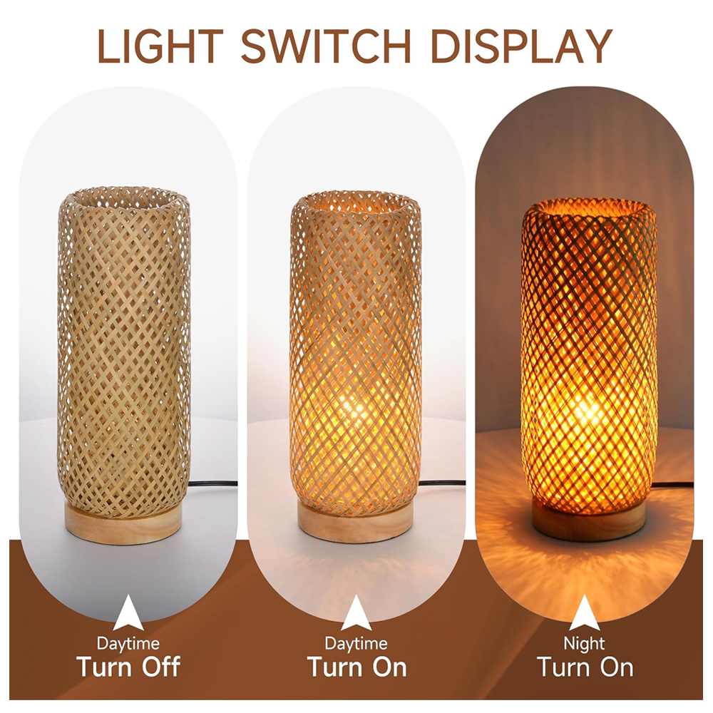 Nursery Bamboo Woven Small Bedside Lamp Boho Rattan Table Lamp for Living Room