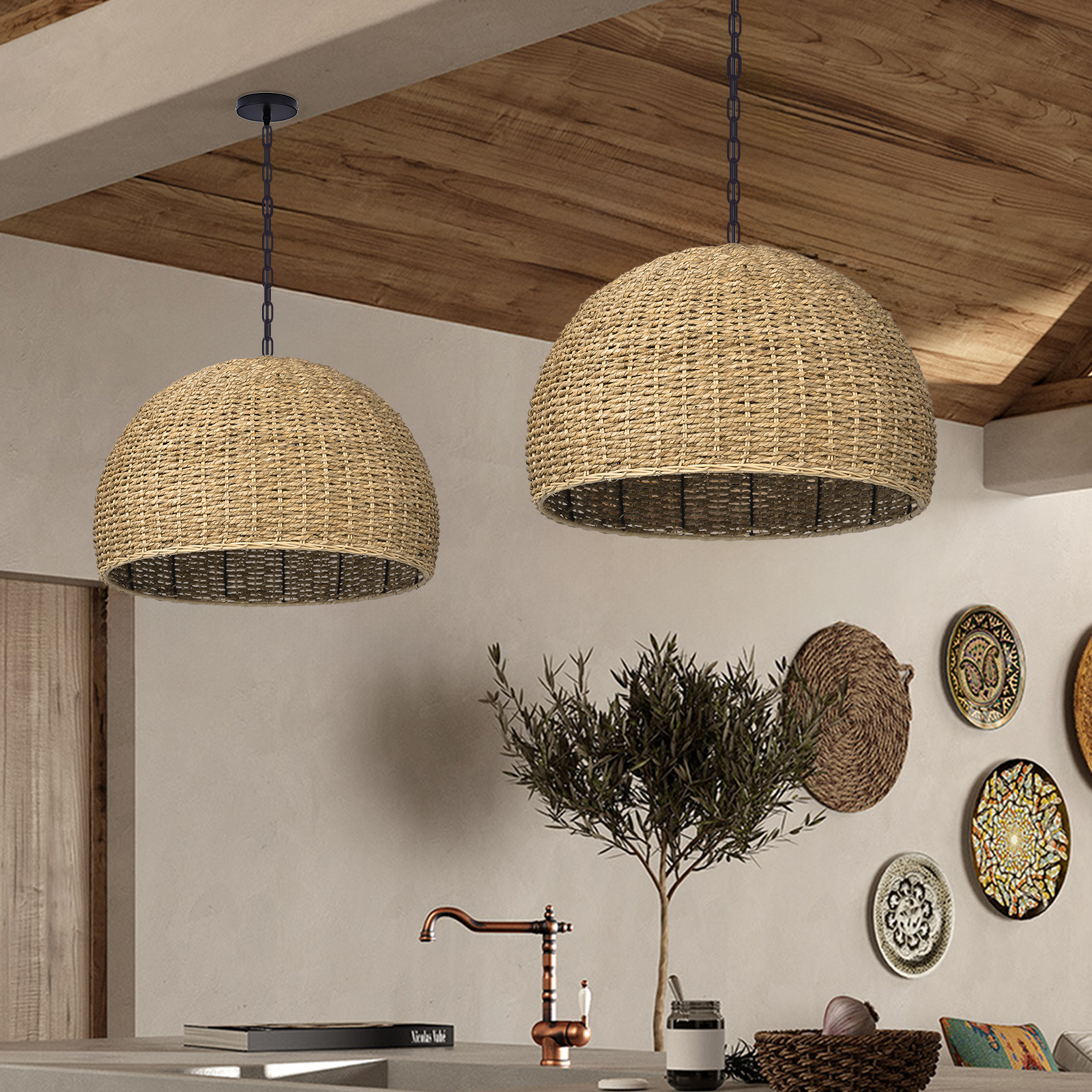Handwoven Dome Seagrass Chandelier for Living Room