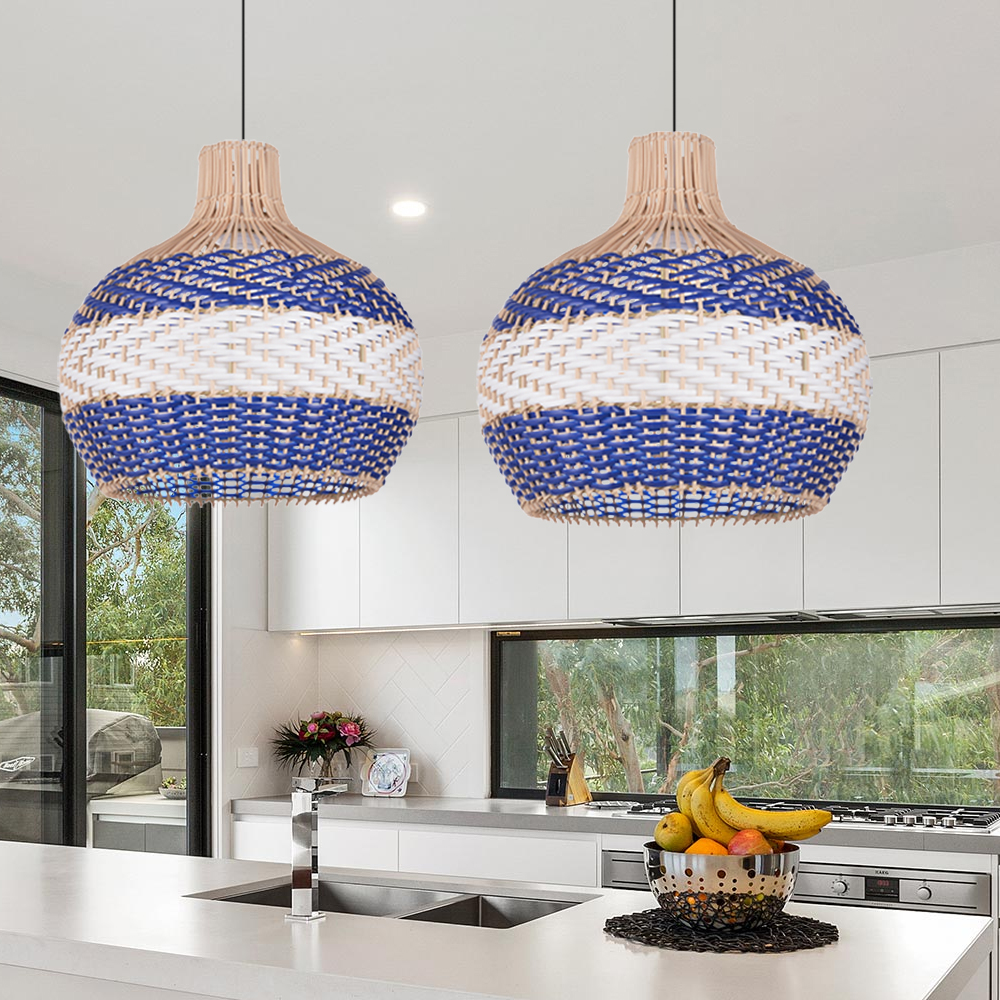 Boho Farmhouse Royal Blue Rattan Hanging Light  for Dining Room