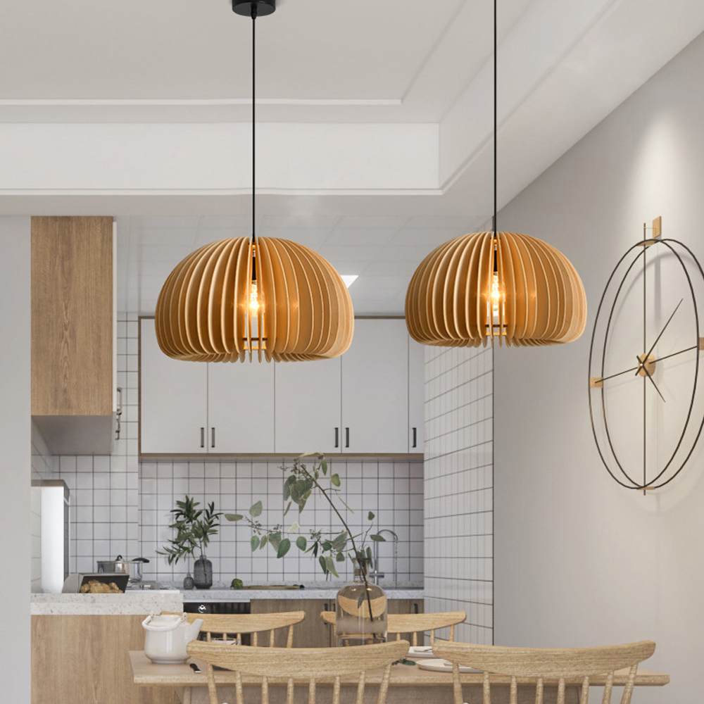 Japanese Pumpkin Lantern Wood Pendant Light Farmhouse Living Room Chandelier