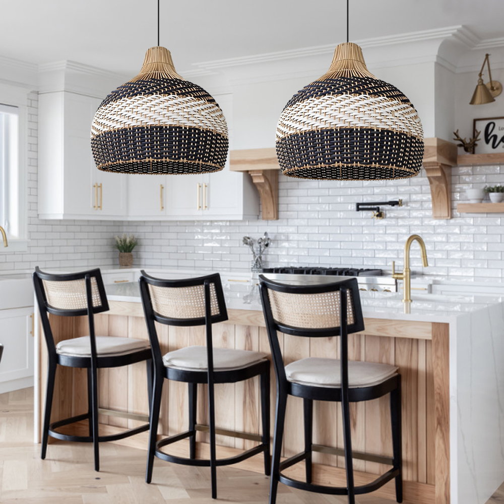 Sophisticated Black and White Rattan Pendant Light Interior Kitchen Island Design