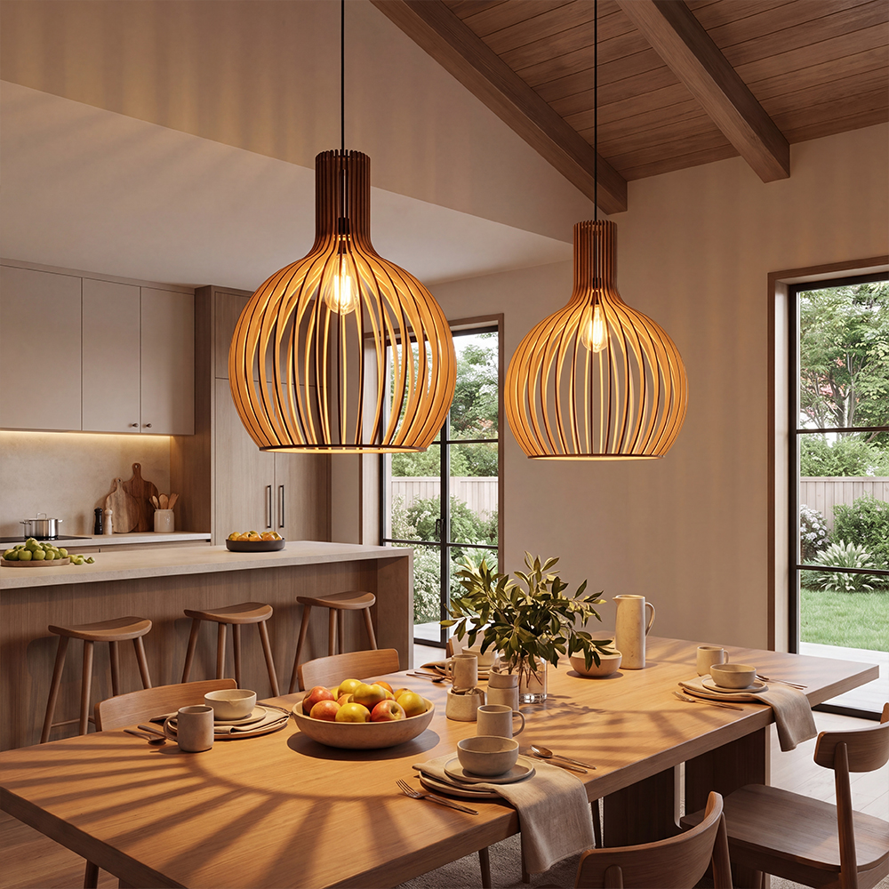 Birdcage Design Black Wooden Hanging Light Japanese Dining Area Chandeliers