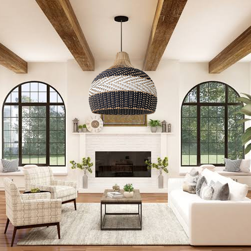 Sophisticated Black and White Rattan Pendant Light Interior Kitchen Island Design