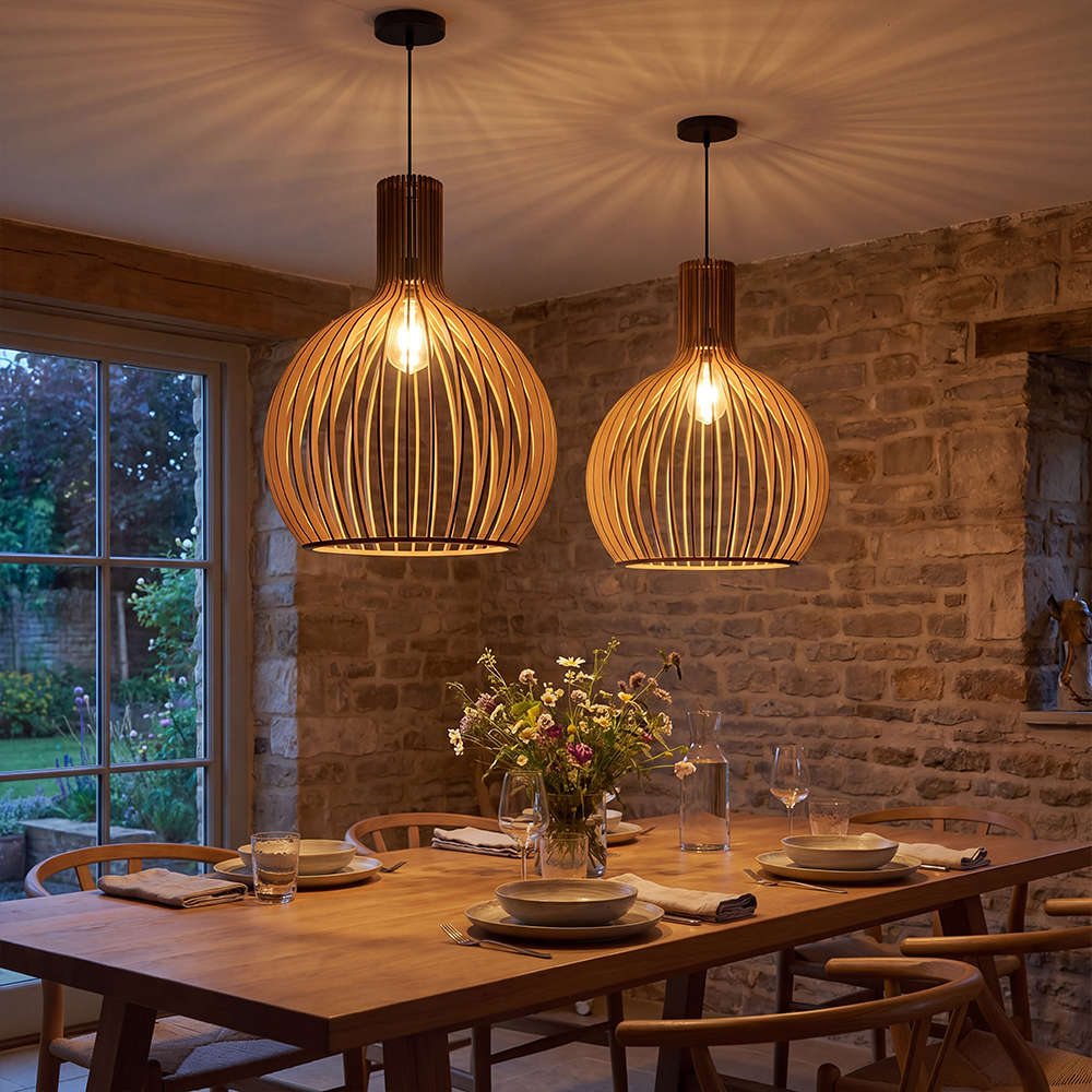 Birdcage Design Black Wooden Hanging Light Japanese Dining Area Chandeliers