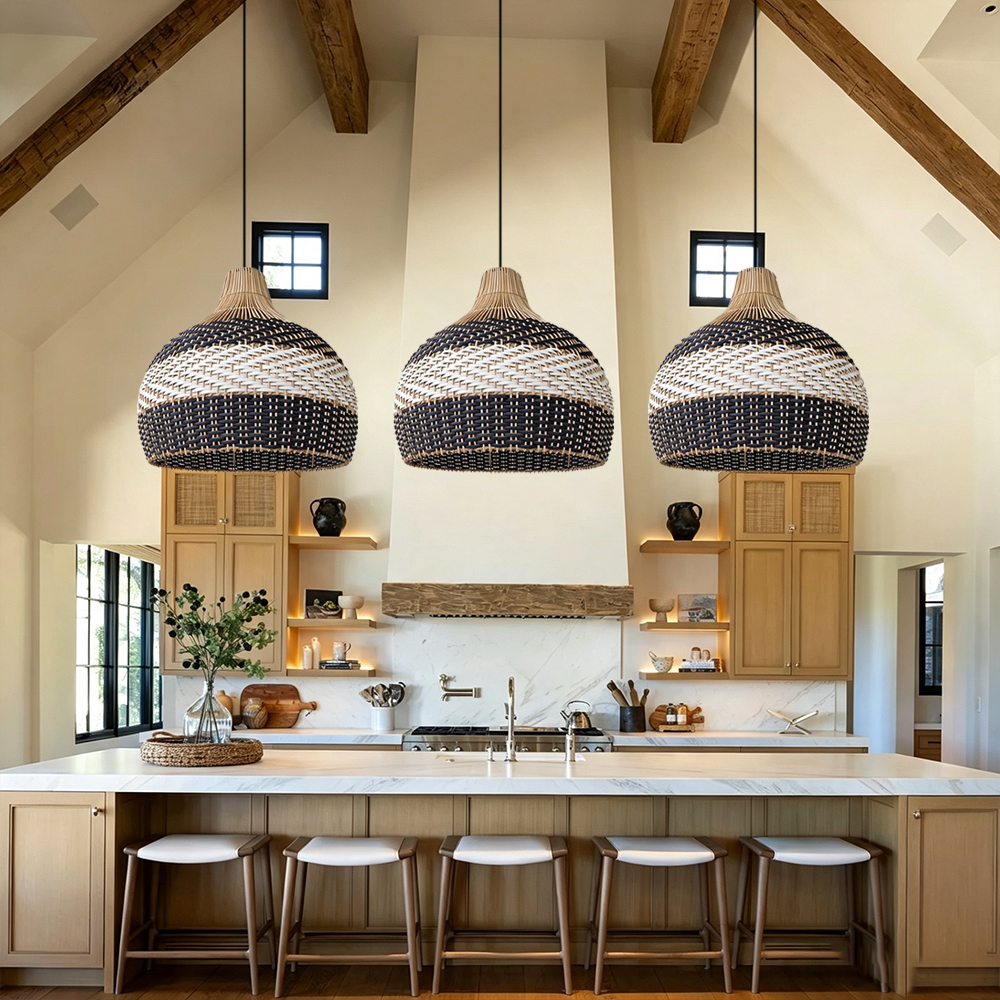 Sophisticated Black and White Rattan Pendant Light Interior Kitchen Island Design