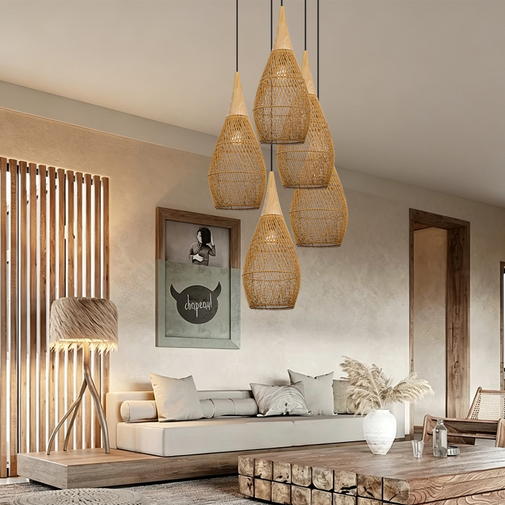 Rattan Wood Hanging Lamp Farmhouse Vintage Living Room Water Drop Chandelier