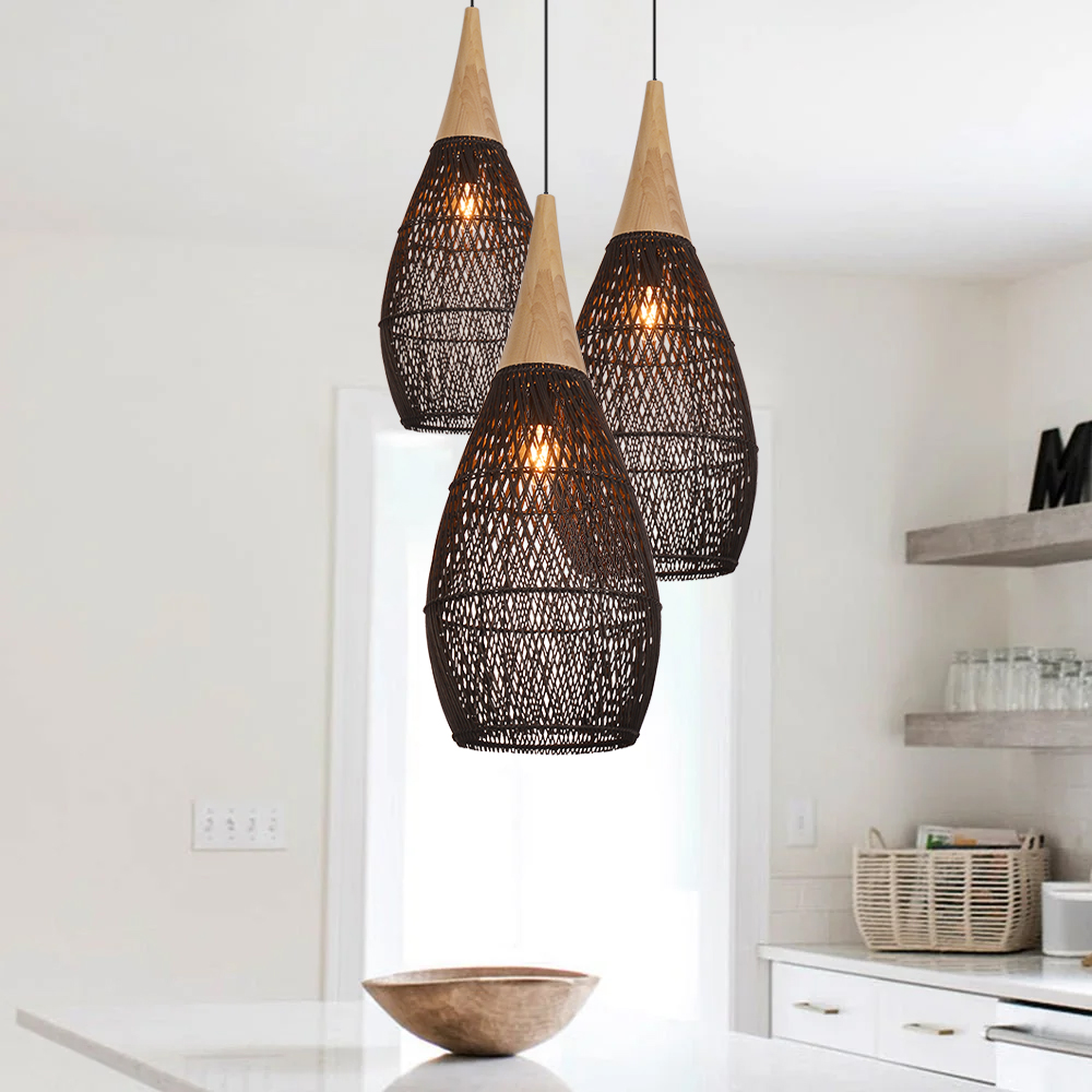 Rattan Wood Hanging Lamp Farmhouse Vintage Living Room Water Drop Chandelier
