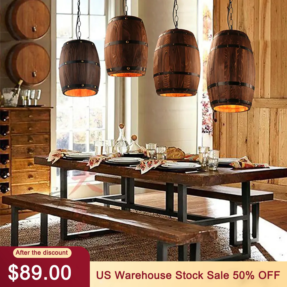 Industrial Retro Style Wood Barrel Chain Chandelier for Bar Dining room