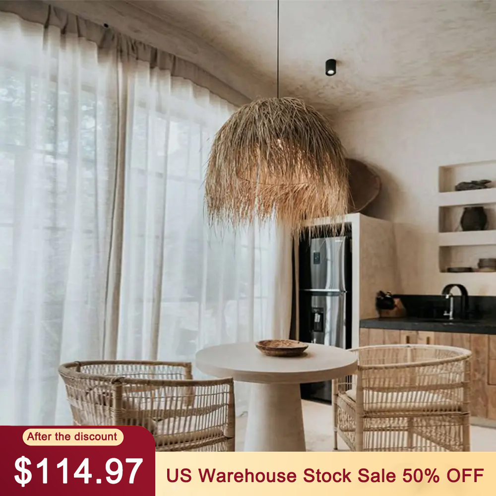Farmhouse Wabi-sabi Style Rattan Tassel Chandelier Lights for Dining Room