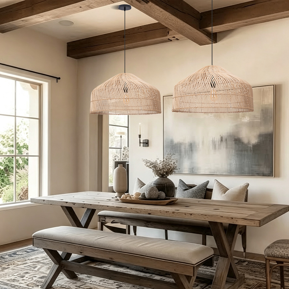 Hand-Woven Pendant Light Fixture Farmhouse Basket Hanging Lamp Chandelier for Kitchen