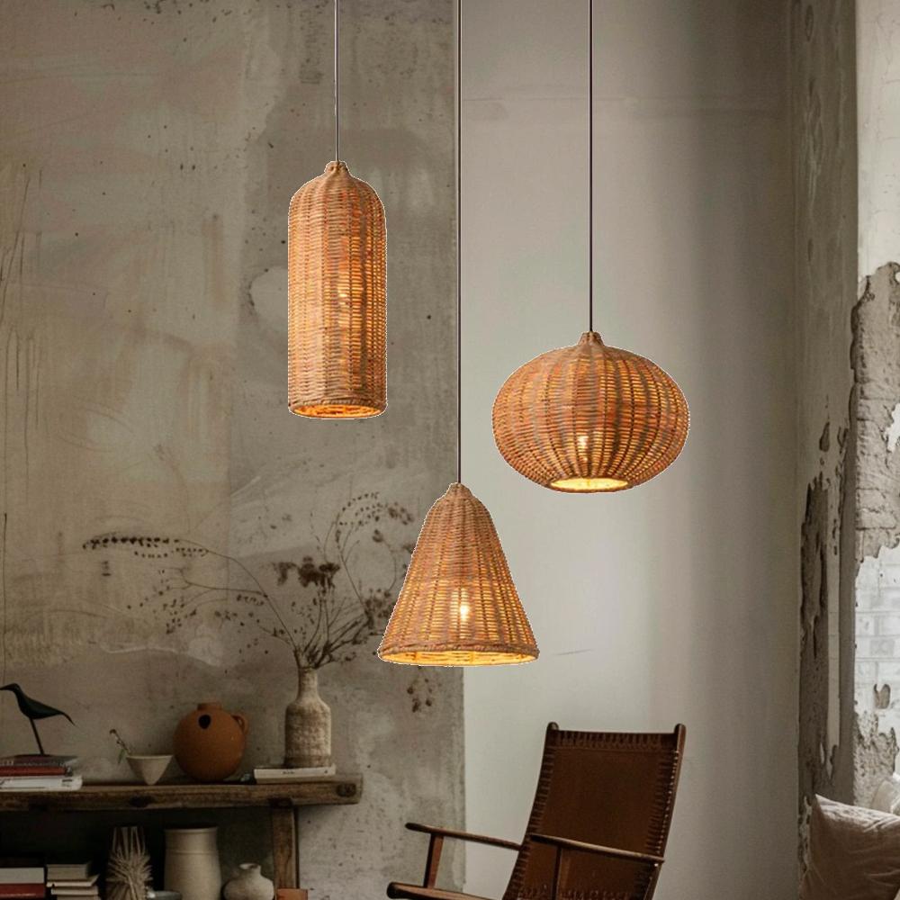 Wabi-sabi Style Creative Three-in-one Living Room Lampshade Natural Rattan Cluster Ceiling Light
