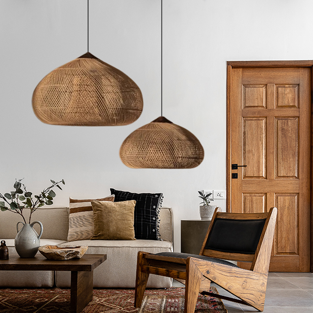 Wabi Sabi Style Retro Dining Room Chandelier Rattan Zen Pendant Light