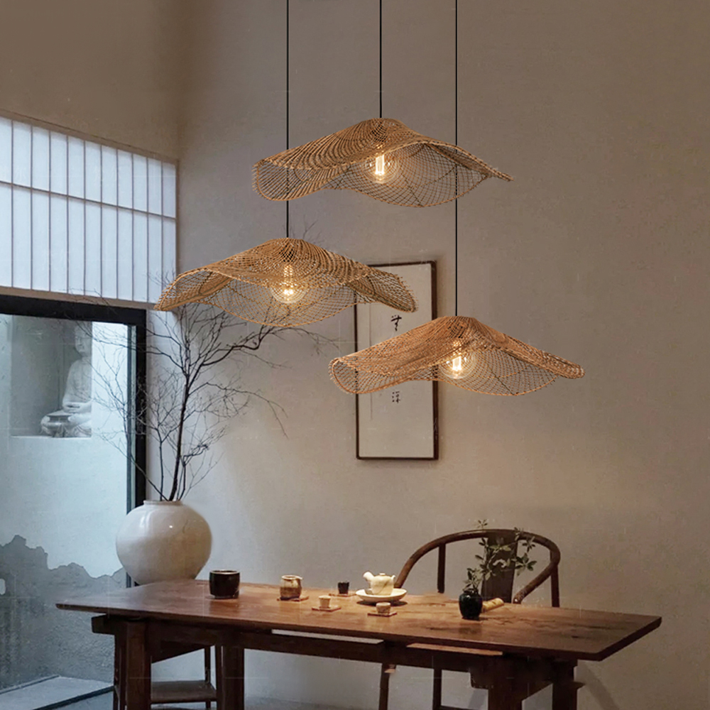 Handwoven Straw Hat Restaurant Pendant Light Wabi-sabi Style Rattan Chandelier