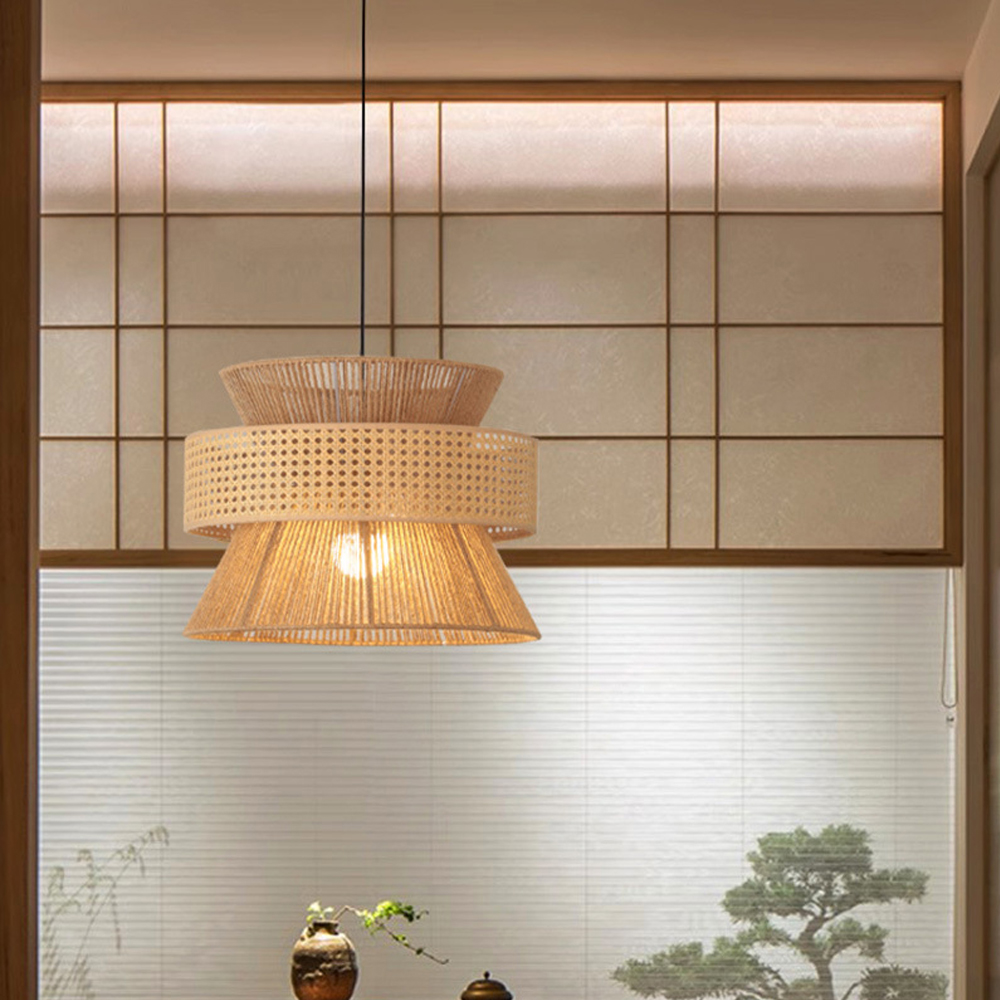 Mid-century Wabi Sabi Hemp Rope Pendants Rattan Hanging Light For Kitchen Island Dining Room