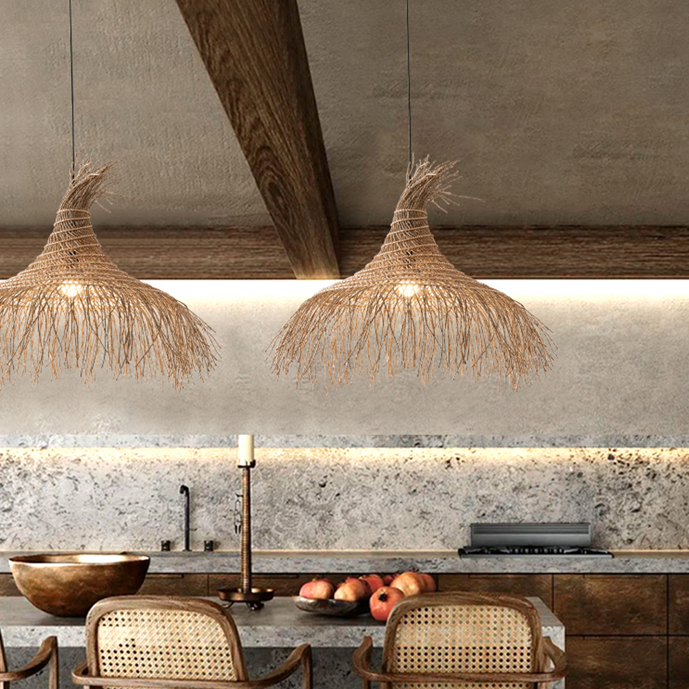 Wabi-sabi Style Chandelier Retro Japanese Zen Straw Rattan Pendant Light