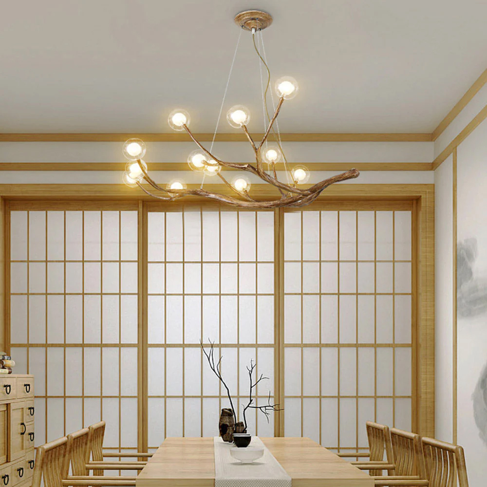 Nordic Rustic Tree Branch Hanging Chandelier with Bubble Glass lighting