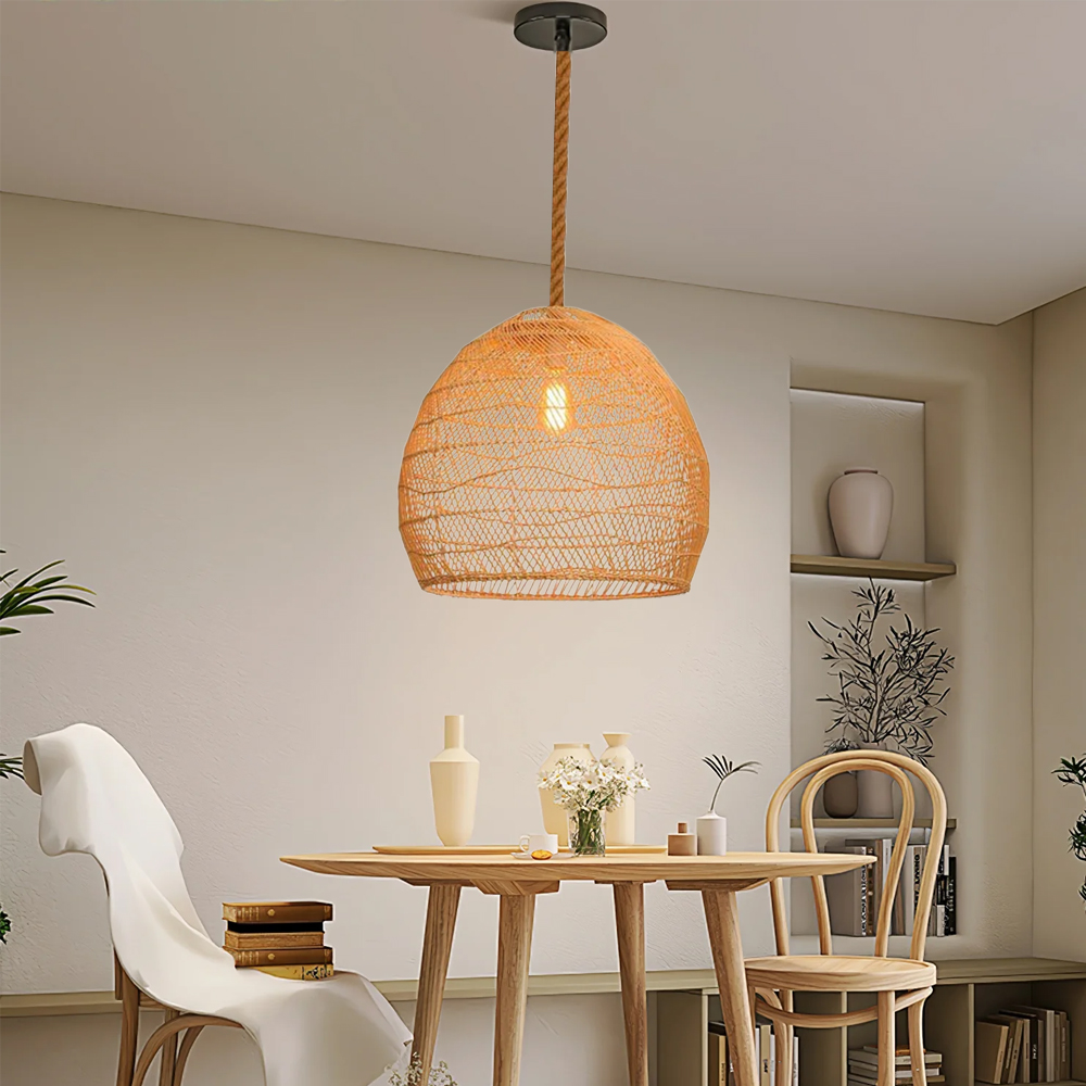 Balinese Natural Rattan Pendant Light for Dining Room Woven Rope Hanging Ceiling Lamp Shade