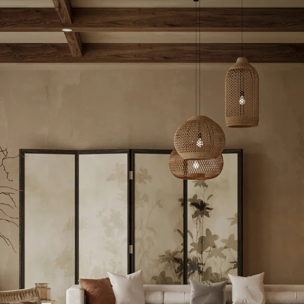 Wabi-sabi Style Living Room Rattan Chandelier Homestay Duplex Staircase Decor Hanging Lamp