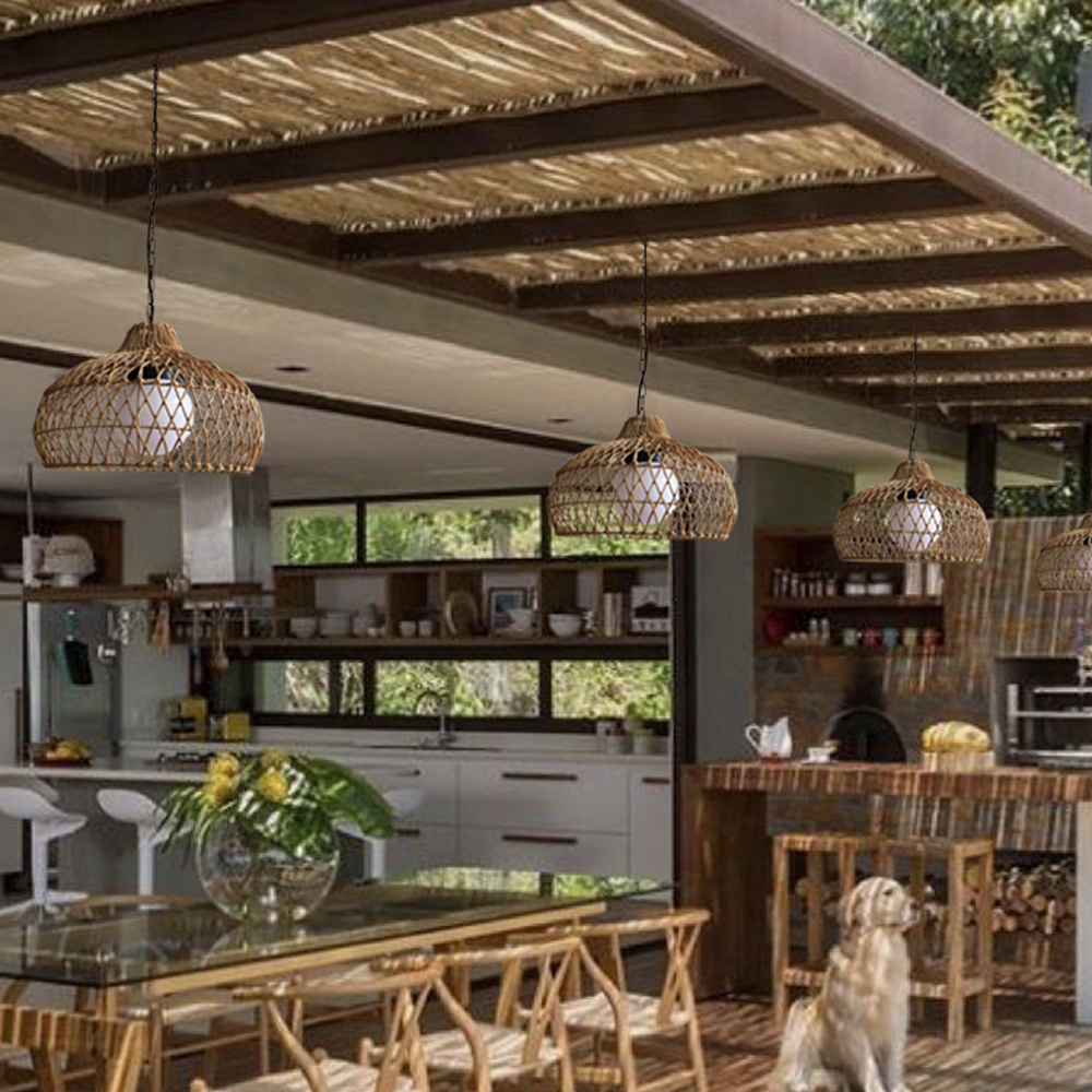 Outdoor Pavilion Rattan Chandelier Homestay Restaurant Garden Decor Waterproof Lighting