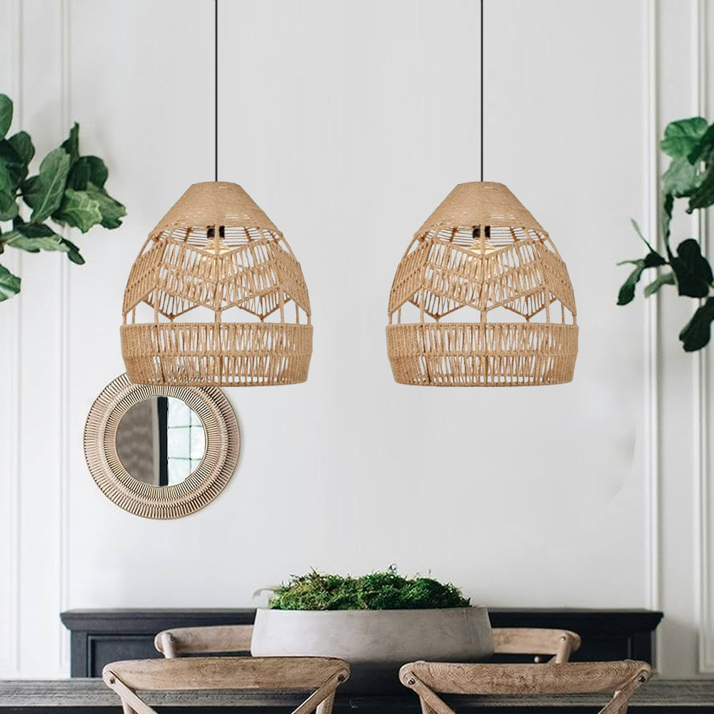 Boho Kitchen Island Black Pendant Light Handwoven Rope Hanging Lamp Shade