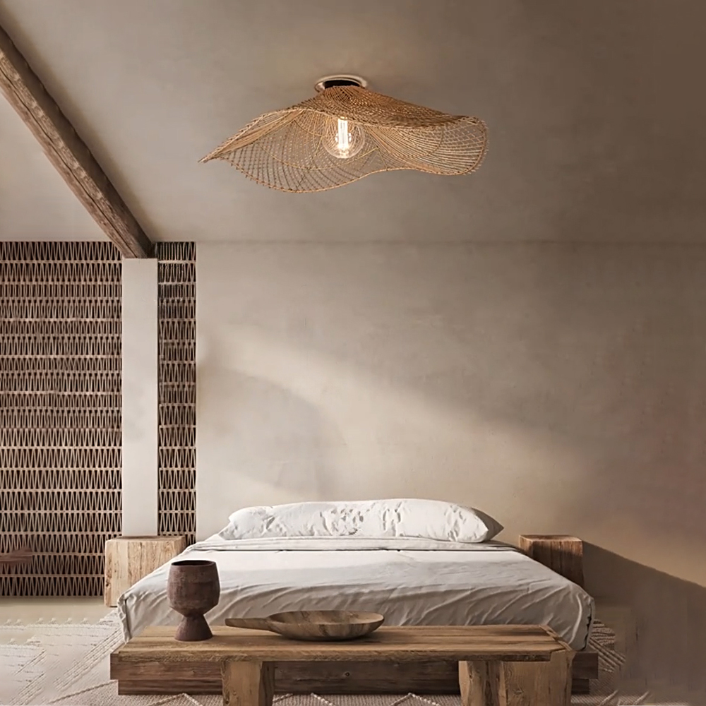Handwoven Straw Hat Restaurant Pendant Light Wabi-sabi Style Rattan Chandelier