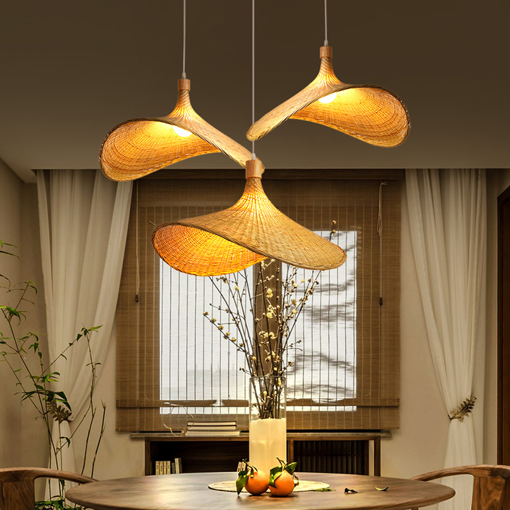 Coastal Living Room Bamboo Woven Pendant Light Japanese Homestay Straw Hat Lamp