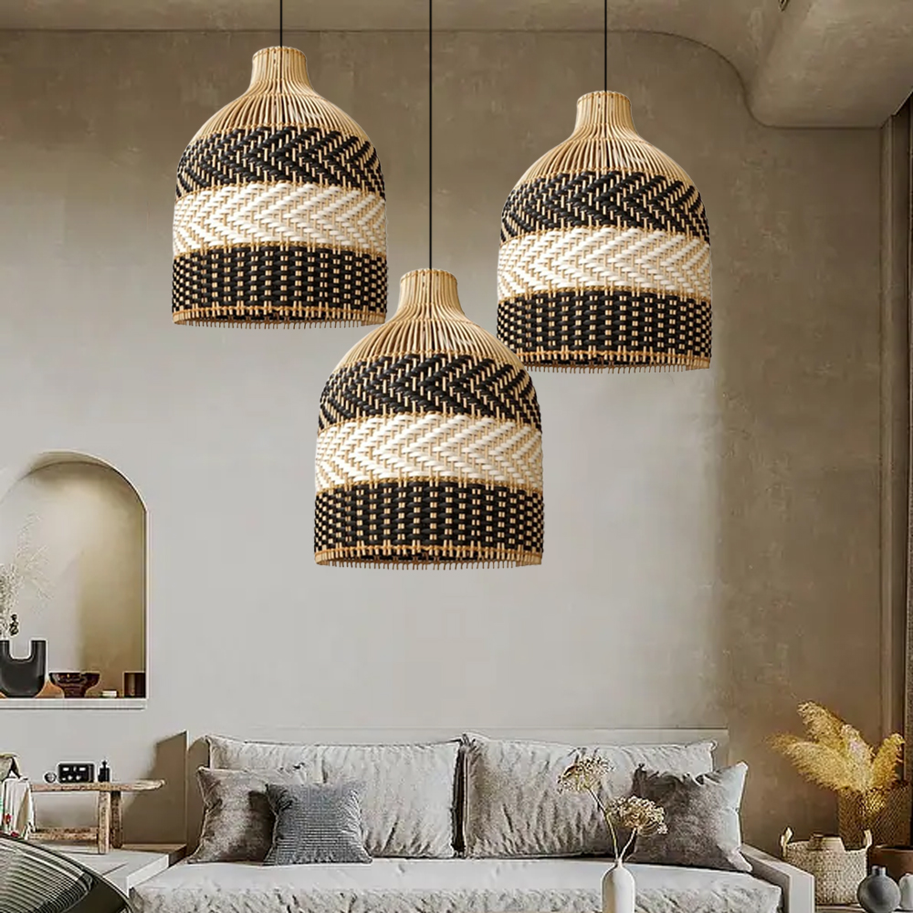 Popular Kitchen Island Decor Pendant Lamp Black White Rattan Lampshade