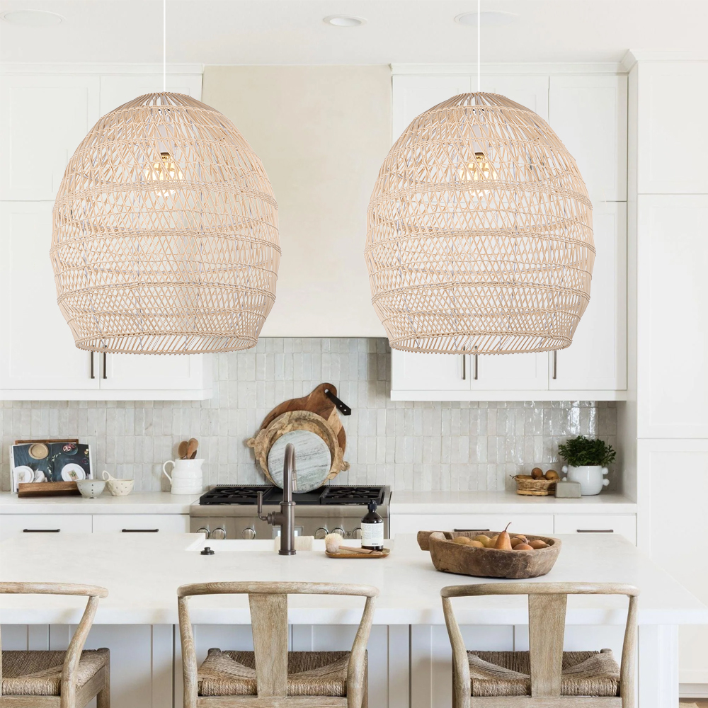 Boho Woven Rattan Chandelier Nordic Dining Room Basket Lamp Shade