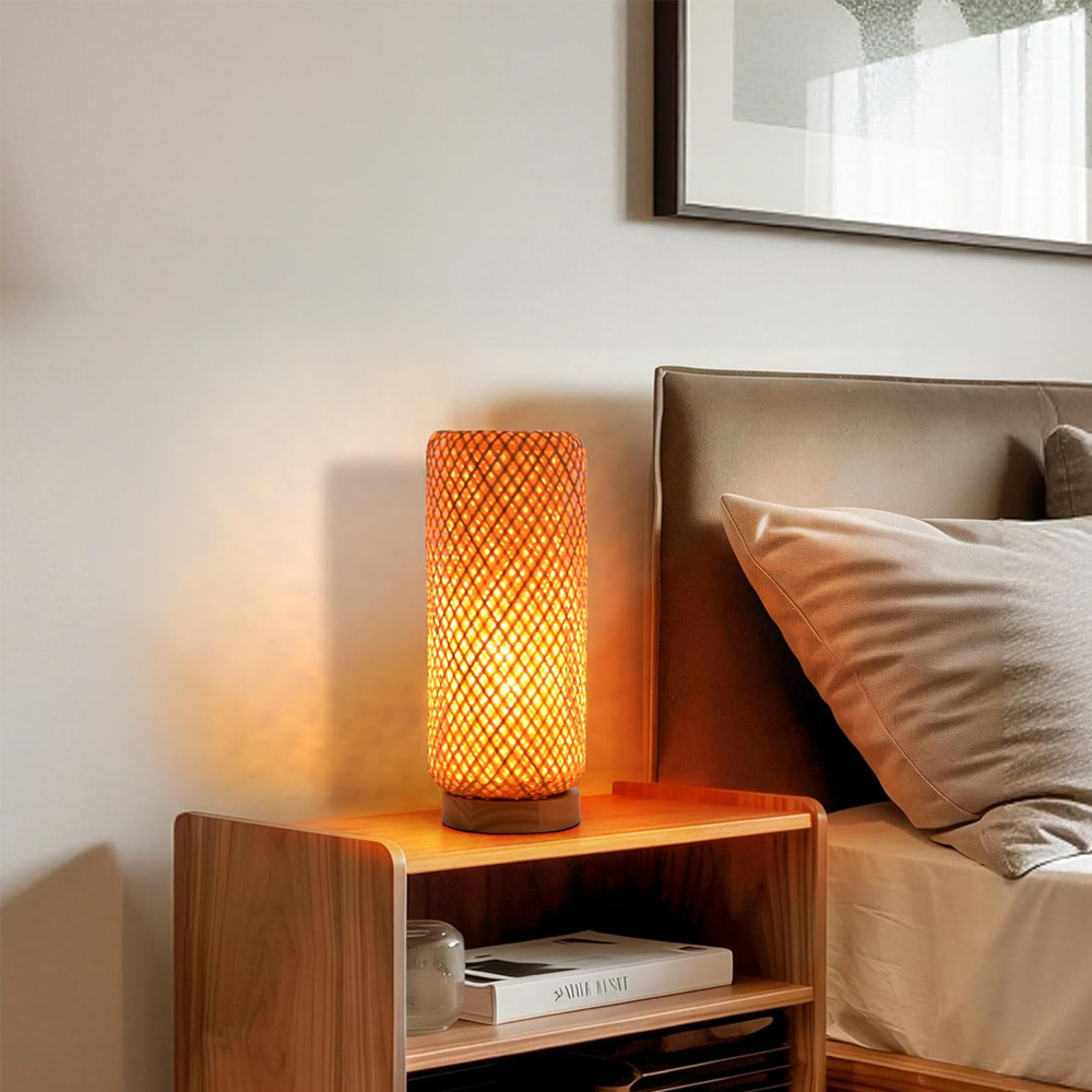 Nursery Bamboo Woven Small Bedside Lamp Boho Rattan Table Lamp for Living Room
