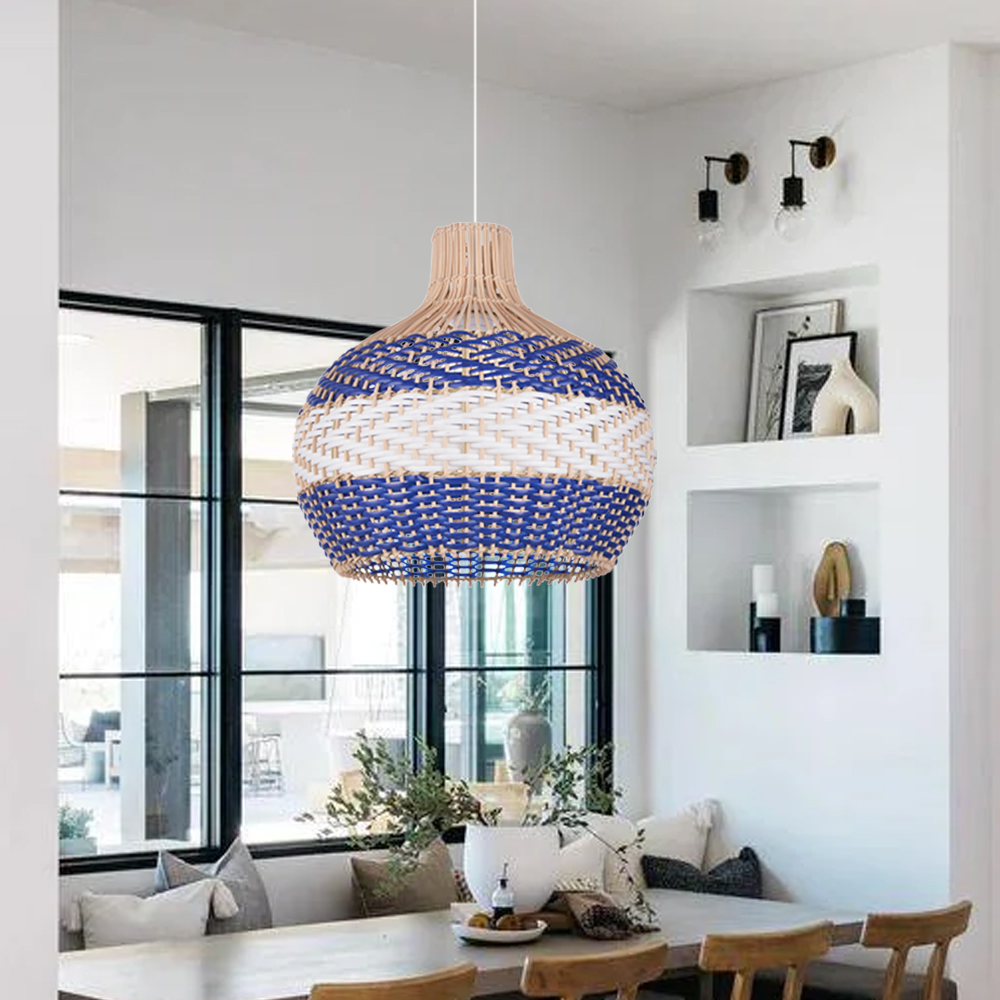 Boho Farmhouse Royal Blue Rattan Hanging Light  for Dining Room