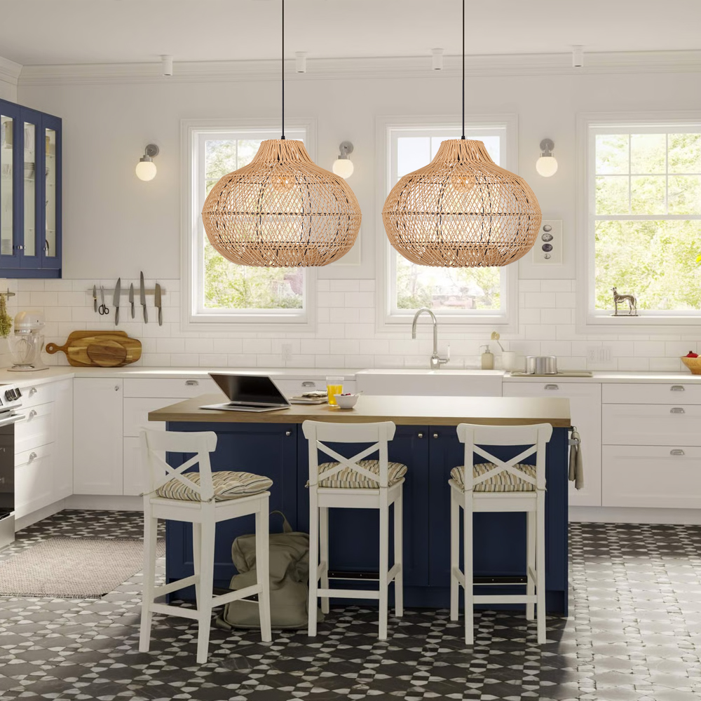 Modern Rattan Wicker Chandelier Adjustable E26 Hanging Lamp for Living Room Dining Room