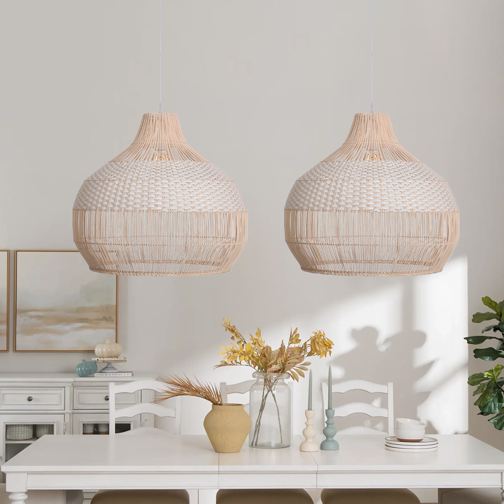 Rustic Rattan Pendant Light White Hanging Chandelier for Dining Room