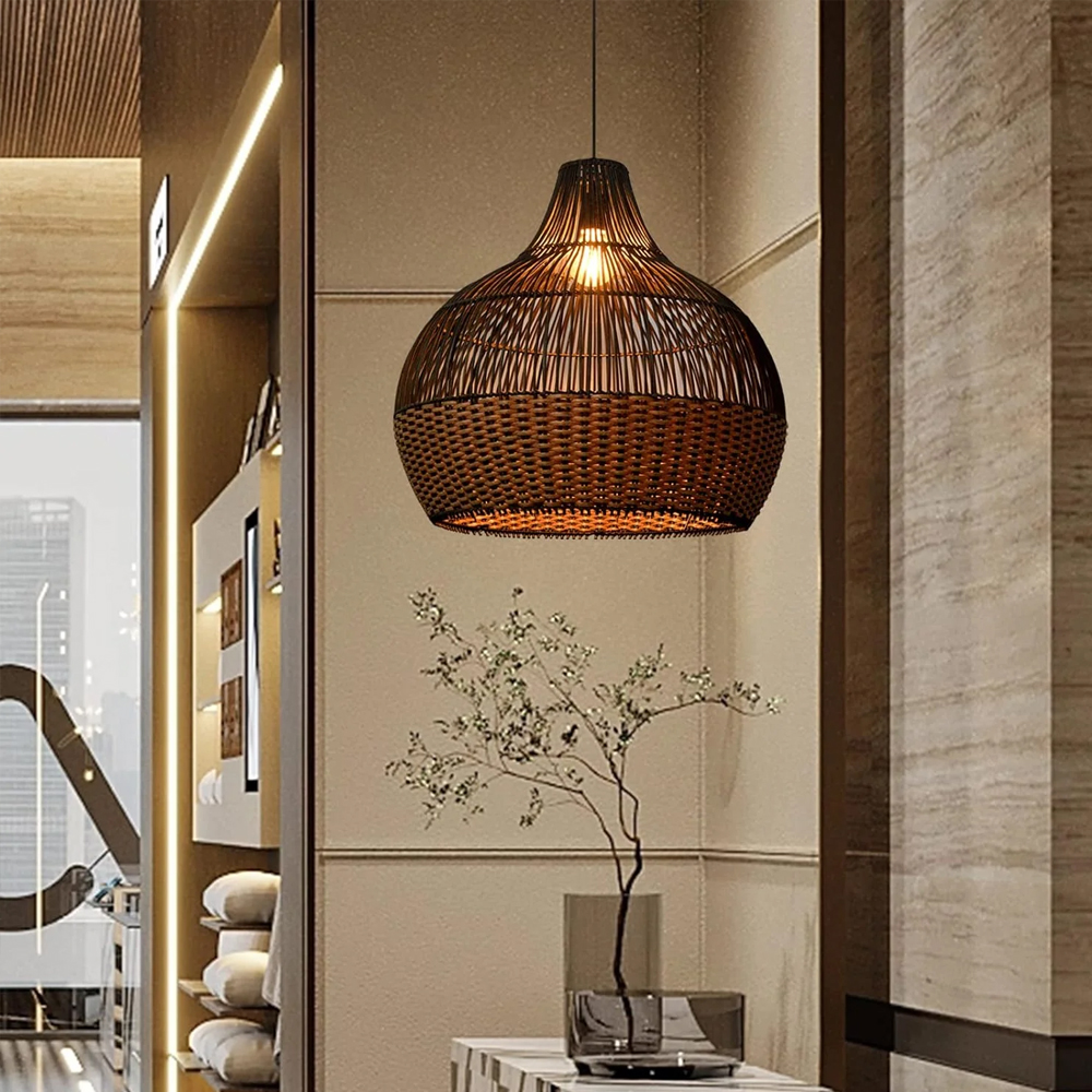 Modern Black Rattan Pendant Light Fixtures Living Room Basket Lighting Chandelier