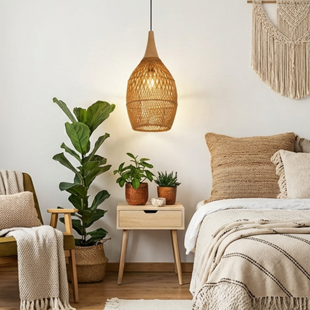 Handmade Rattan Pendant Light Natural Wicker Lampshade for Kitchen Dining Living Room