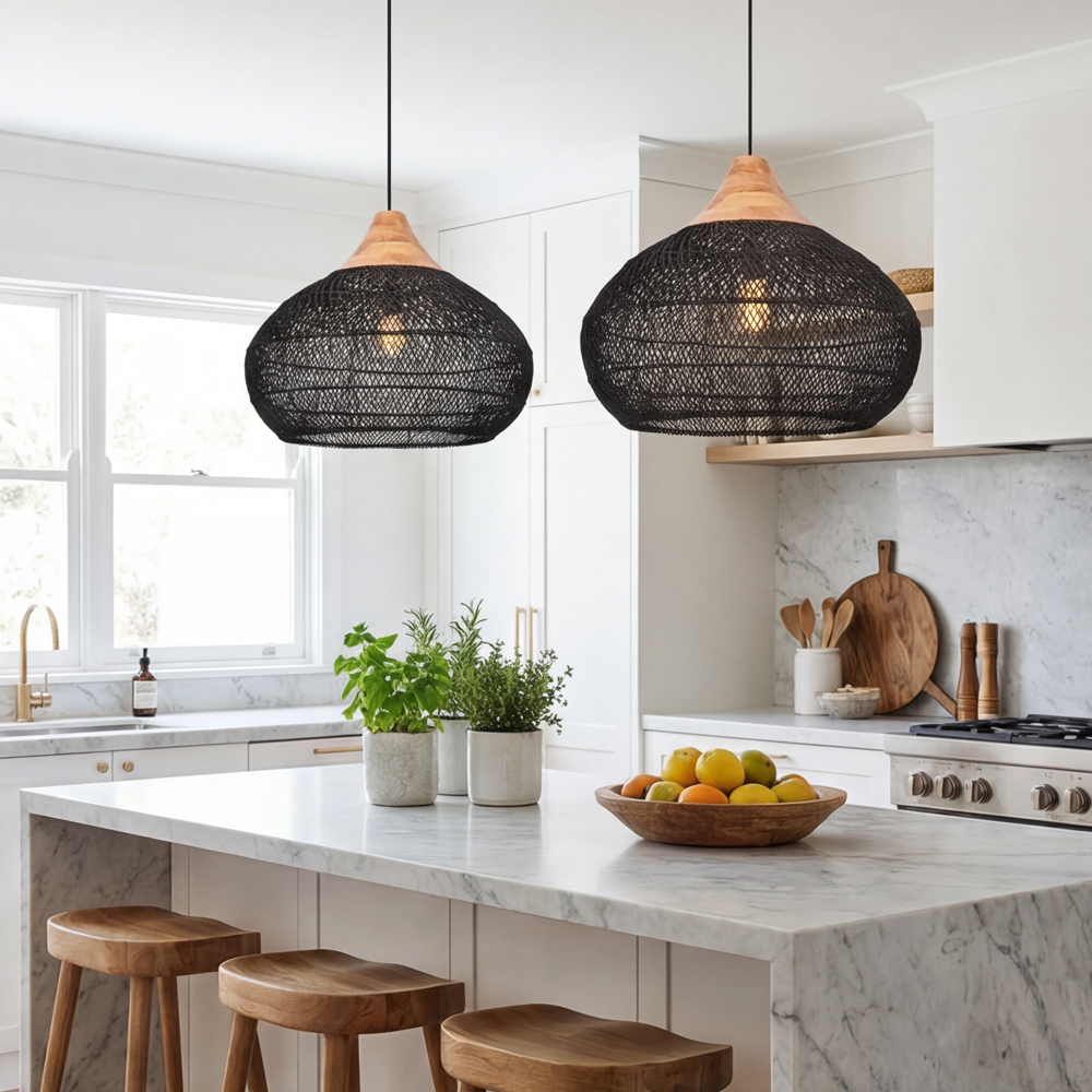 Black Rattan Ceiling Pendant Lighting Natural Texture Lights